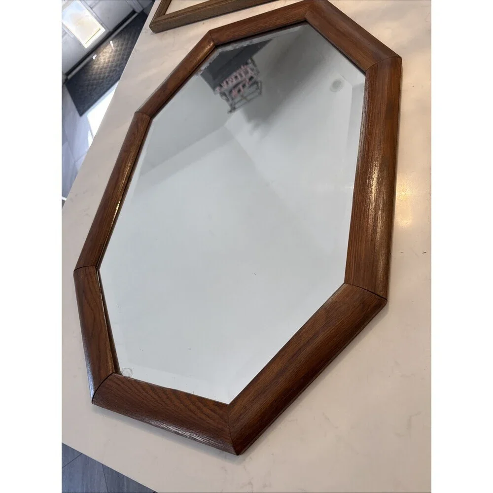 Vintage Oak Framed Octagon Hanging Mirror 27x19